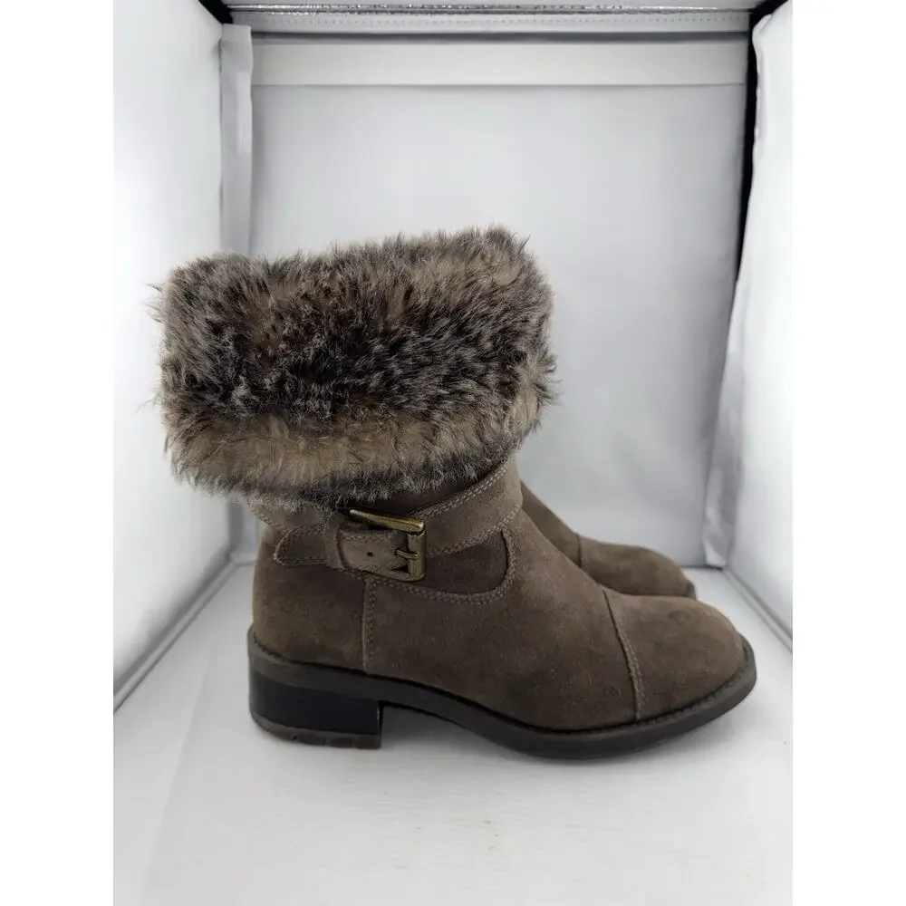 Cougar Winter Boots Women 7M Taupe Suede‎ Faux Fur Fold-Over Buckle Heel Franca